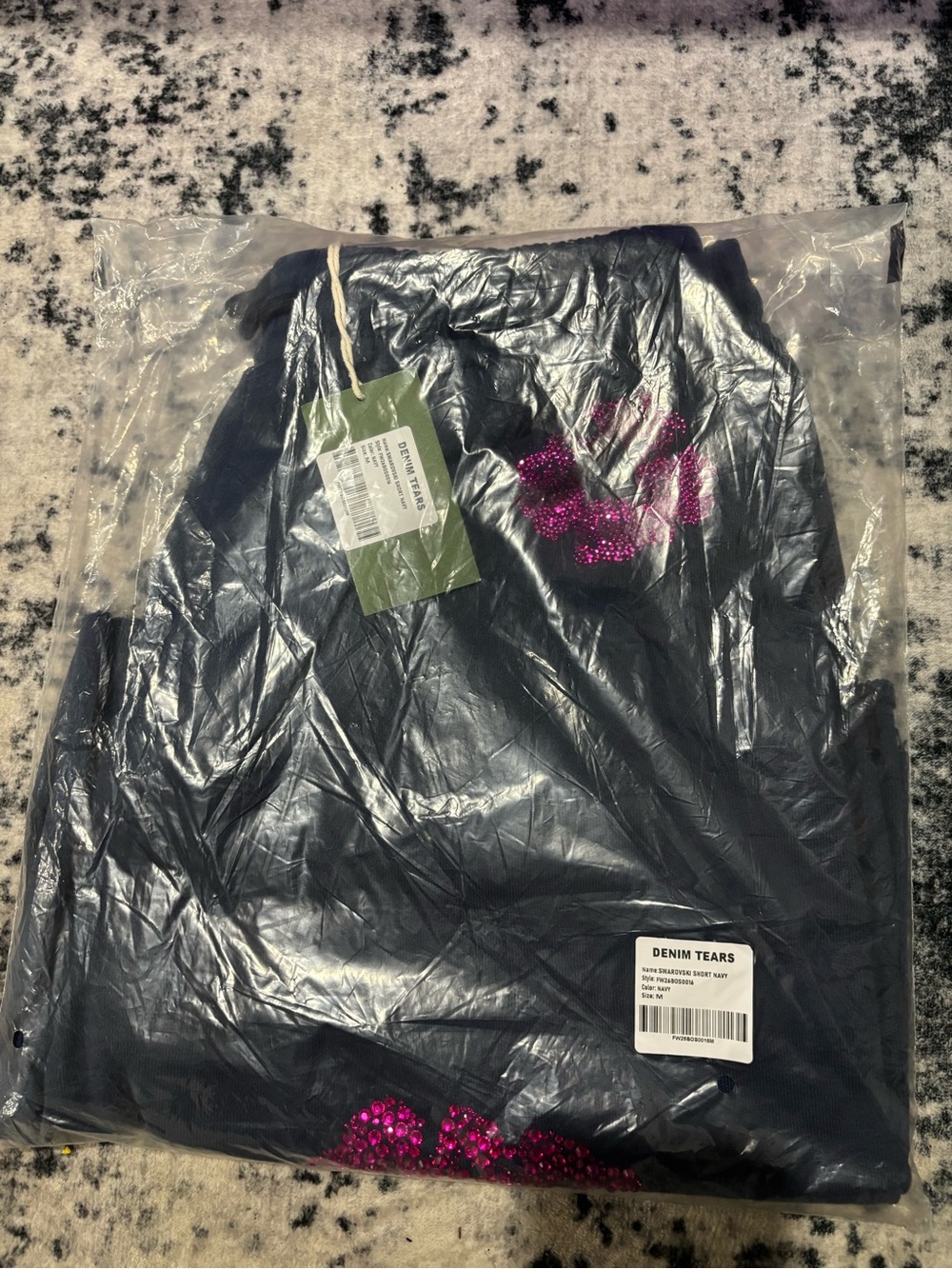 Denim Tears Men’s Black Shorts with Pink Sequin Accent